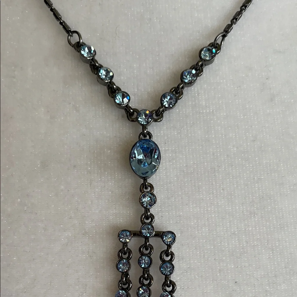 GIVENCHY Silver Gunmetal Necklace Y Drop Blue Crystals Vintage - Picture 6 of 17